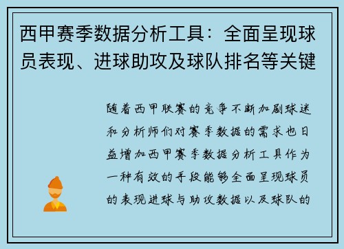 西甲赛季数据分析工具：全面呈现球员表现、进球助攻及球队排名等关键统计信息